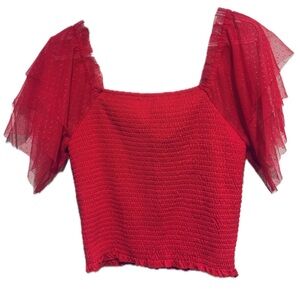 Willow & Root Square-Neck Smocked Puff-Sleeve/tulle Top in Coral
